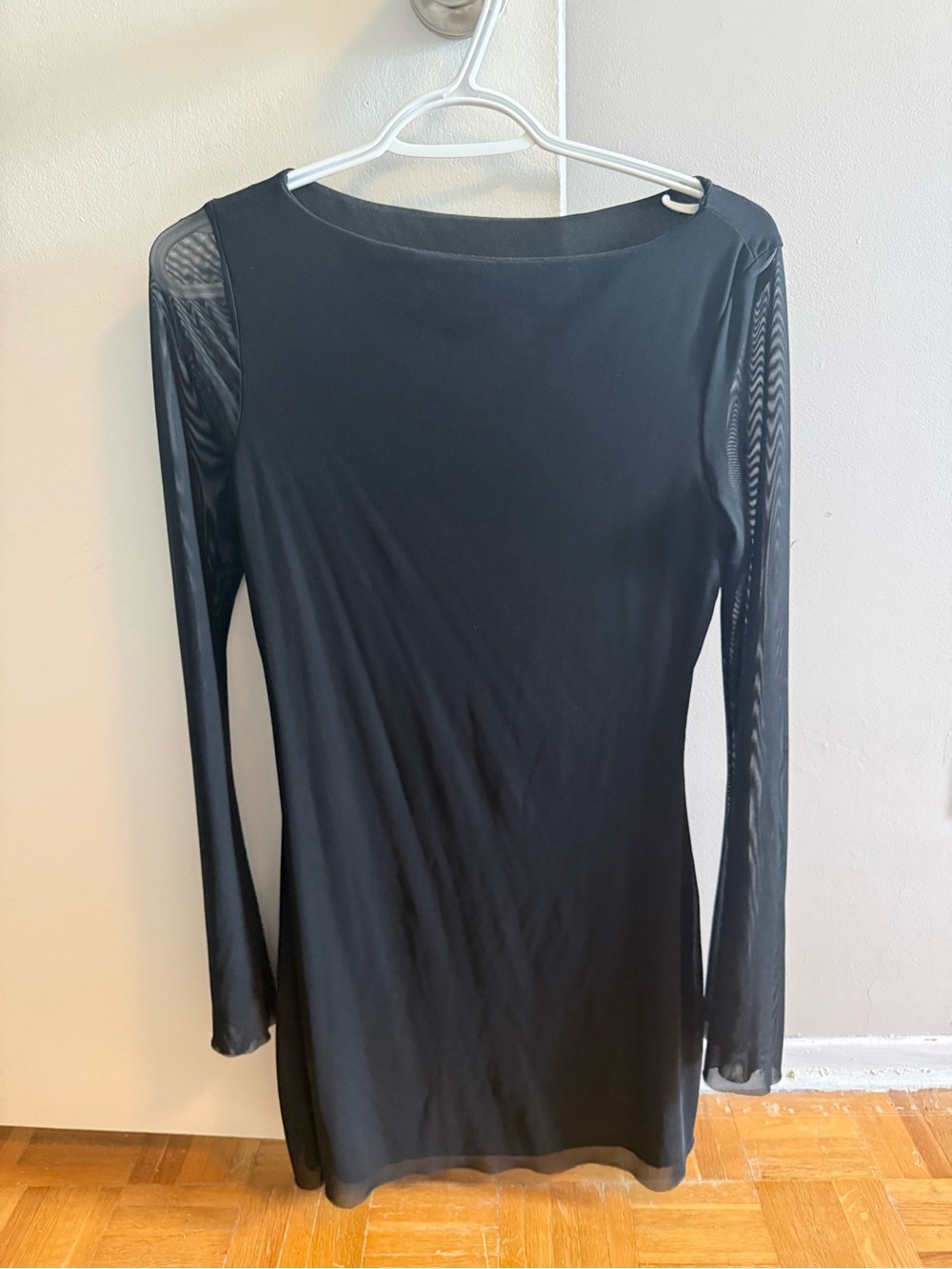 SHEIN Black Long Sleeve Mini Dress with Sheer Mesh Sleeves